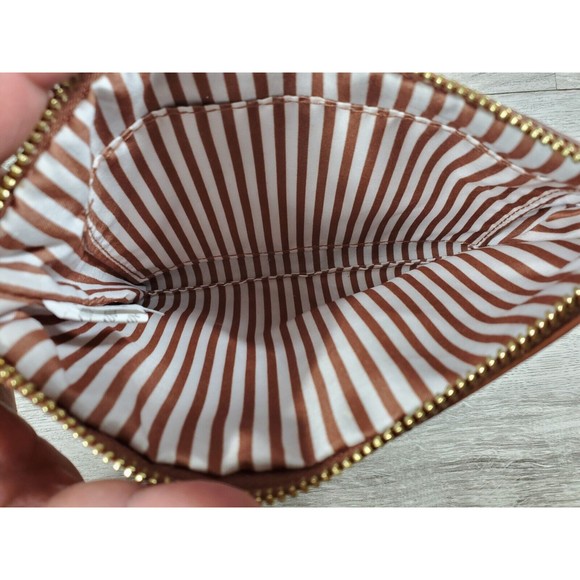 Joy Mangano Leather Wristlet Brown Pebbled Leather Striped Inside - Picture 4 of 8